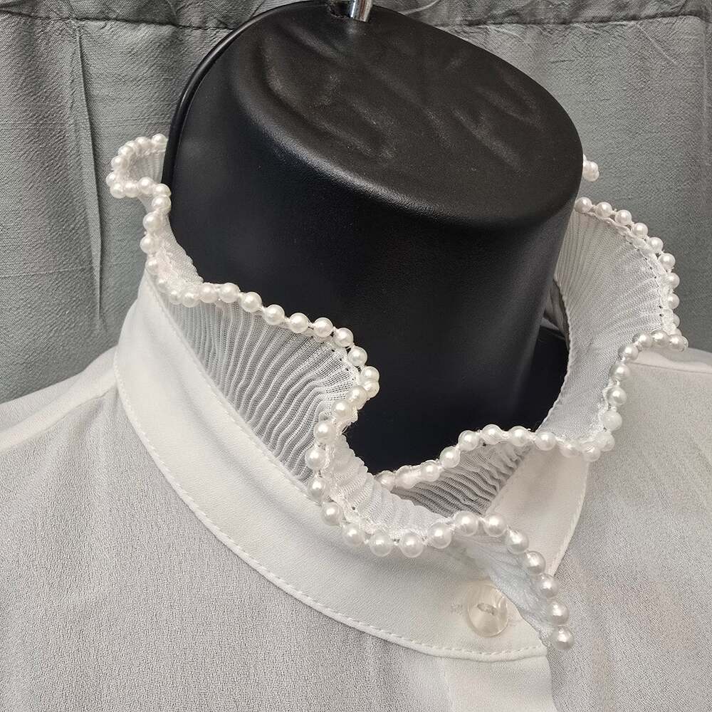 Zara White Pearl Ruffle Collar Blouse Large NWT Romantic Chic
